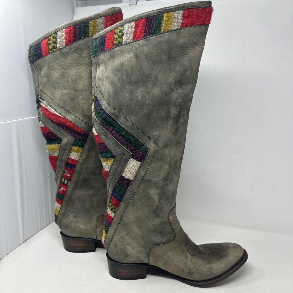 Freebird Aztek Cowboy Western Tall Leather & Fabric Boots size 10 Distressed Fab